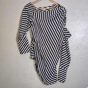 Kameya Black and White Striped Asymmetrical Dress